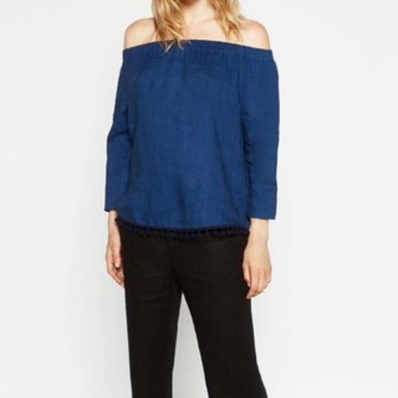 Zara Woman 100% Linen Blouse Off Shoulder Pom Pom Top Size S - Picture 1 of 9